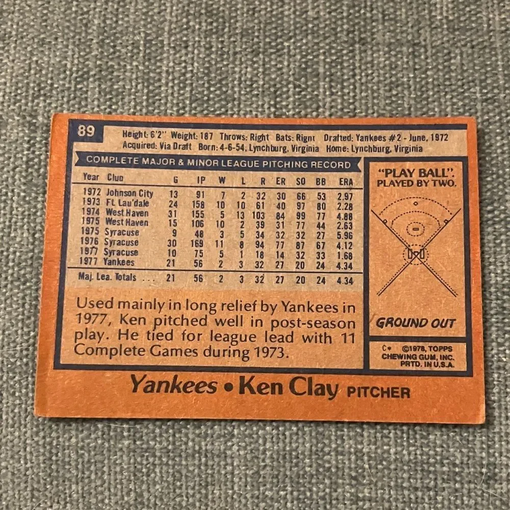 1978 Topps New York Yankees Baseball Card Trading Card